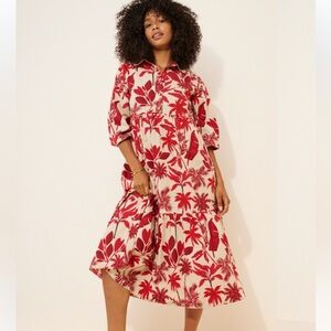 ANTHROPOLOGIE The Bettina Tiered Shirt Dress Midi Red Multi Tropical Print XS